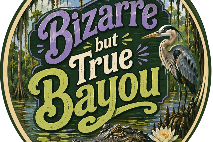Illustration of heron, alligator, and text 'Bizarre but True Bayou' in swamp setting.